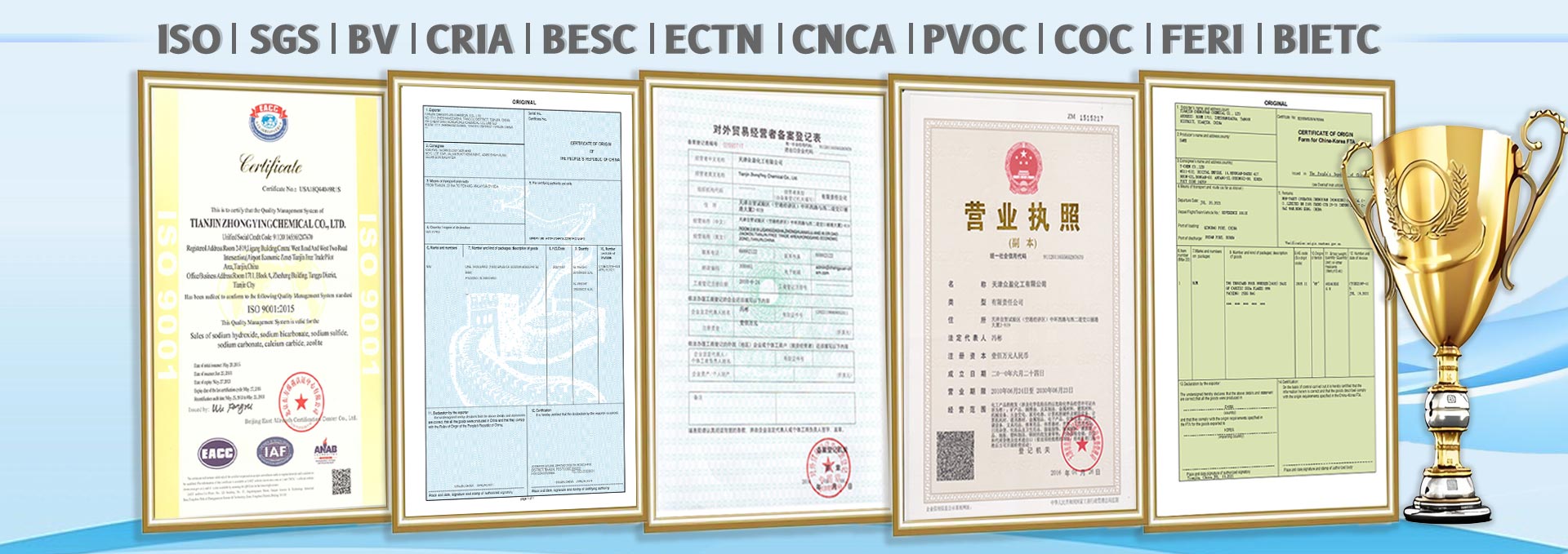 ISO9001 and SGS inspection certificates for ZY Calcium Carbide