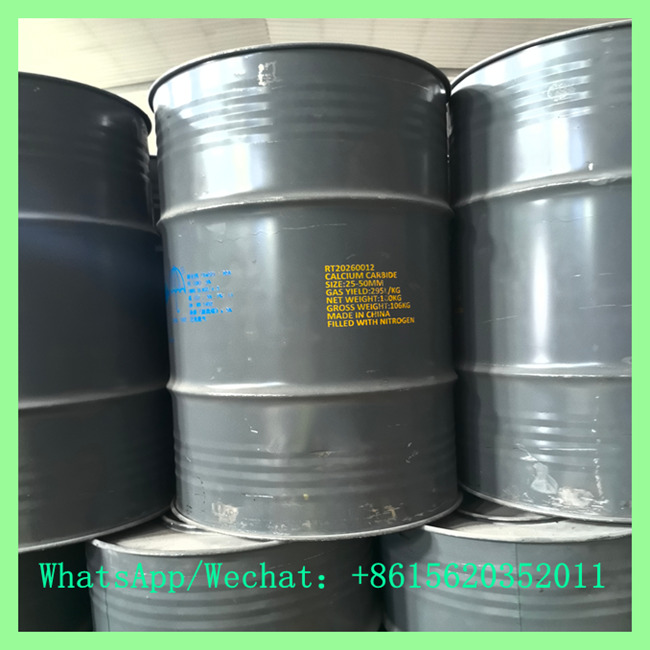 Sealed 100kg steel drums of calcium carbide for sale with printed specification label