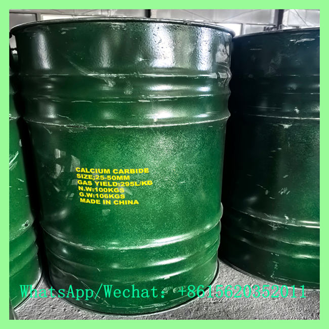 100kg drum label showing calcium carbide size 25-50mm and gas yield 295L/kg