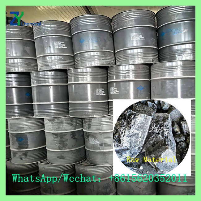 Factory raw material calcium carbide crystals in grey metal drums ready for industrial supply