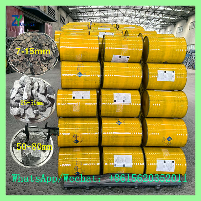 Stacked yellow steel drums with custom size options from 7-15mm to 50-80mm calcium carbide stone price inquiry