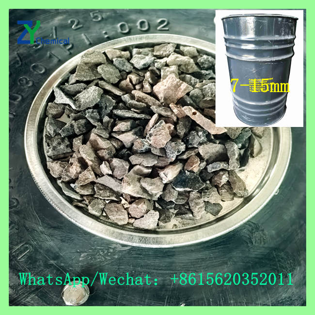 Screened 7-15mm size calcium carbide granules shown in a dish alongside a sealed drum for B2B china calcium carbide price quotes
