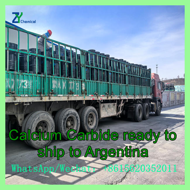 Truck loaded with drums of industrial grade calcium carbide 50-80mm ready for export shipment to Argentina