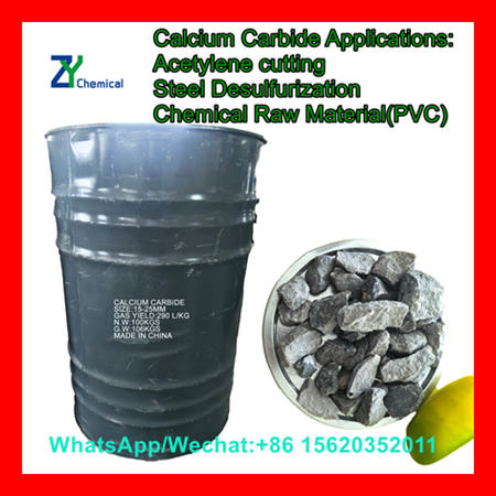 Steel drum and lump samples showing industrial use of calcium carbide for desulfurization and gas generation
