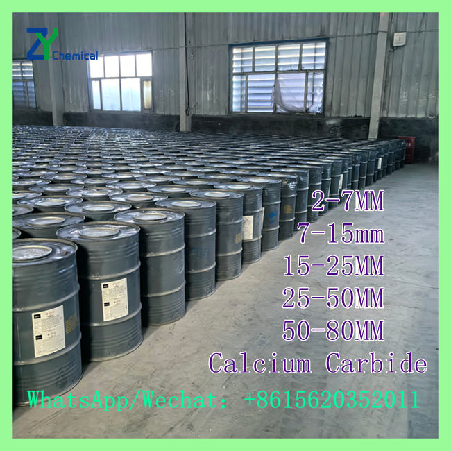 Industrial solid calcium carbide in sealed steel drums available in various lump sizes from 2-7mm to 50-80mm