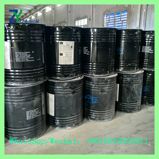Heavy-duty nitrogen-filled steel drums containing 50kg solid calcium carbide with 295L/kg gas yield